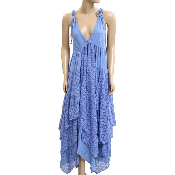 Free People Free-est Almost Heavenly Maxi Dress V Neck Tiered Blue S NWT 283689 - Picture 3 of 7